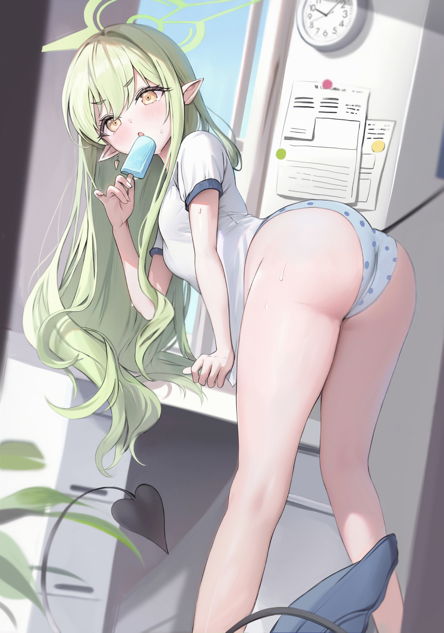 1girl :o ass bare_legs blue_archive breasts clock clothes_pull commentary_request demon_girl demon_tail dot_nose earrings feet_out_of_frame food fruit green_hair green_halo hair_between_eyes hair_over_shoulder halo hand_up highres hikari_(blue_archive) holding holding_food holding_popsicle houraku jewelry leaning_forward loli long_hair looking_at_viewer looking_back open_mouth panties pointy_ears polka_dot popsicle pulling_own_clothes shirt shirt_pull short_sleeves shorts shorts_pull sidelocks small_breasts solo sweat tail textless_version thighs twintails underwear very_long_tail white_shirt yellow_eyes