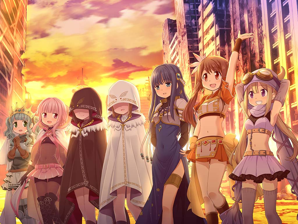 6+girls :d aqua_hair aqua_sweater arm_at_side arm_up armor armored_boots arms_at_sides arms_behind_back arms_behind_head belt bike_shorts_under_skirt black_cloak black_footwear black_gloves black_shirt black_shorts blonde_hair blue_dress blue_eyes blue_hair blue_ribbon blunt_bangs bodystocking boots braid breastplate brown_eyes brown_gloves brown_hair building chain city cloak closed_mouth cloud cloudy_sky covered_eyes covered_navel crescent crop_top cropped_kimono crown destroyed detached_sleeves dot_nose dress earrings feet_out_of_frame flower french_braid frilled_skirt frills fur-trimmed_cloak fur_trim futaba_sana game_cg gauntlets gem gloves goggles goggles_on_headwear green_gemstone grey_footwear grey_sleeves grey_socks grey_thighhighs grin hair_between_eyes hair_flower hair_ornament headdress hood hood_down hood_up jewelry knee_pads kneehighs lace-up_boots light_blush long_dress long_hair long_sleeves looking_at_another low-tied_long_hair low_ponytail low_twintails magia_record:_mahou_shoujo_madoka_magica_gaiden magical_girl mahou_shoujo_madoka_magica medium_hair midriff miniskirt mitsuki_felicia multiple_girls nanami_yachiyo navel neck_ribbon necklace official_art open_mouth orange_shirt orange_skirt outdoors own_hands_together parted_lips pelvic_curtain pendant pink_belt pink_gemstone pink_hair pink_skirt pleated_skirt ponytail print_cloak print_dress purple_hood purple_scarf purple_shirt purple_skirt red_gemstone ribbed_sweater ribbon scarf shirt shoelaces short_hair short_sleeves shorts shorts_under_skirt side_braids side_ponytail side_slit sidelocks skirt sky smile socks star_(symbol) star_print sunset sweater tamaki_iroha tassel thigh_boots thighhighs thighlet turtleneck turtleneck_crop_top turtleneck_sweater twin_braids twintails veil walking wavy_hair white_armor white_cloak white_skirt yui_tsuruno zettai_ryouiki