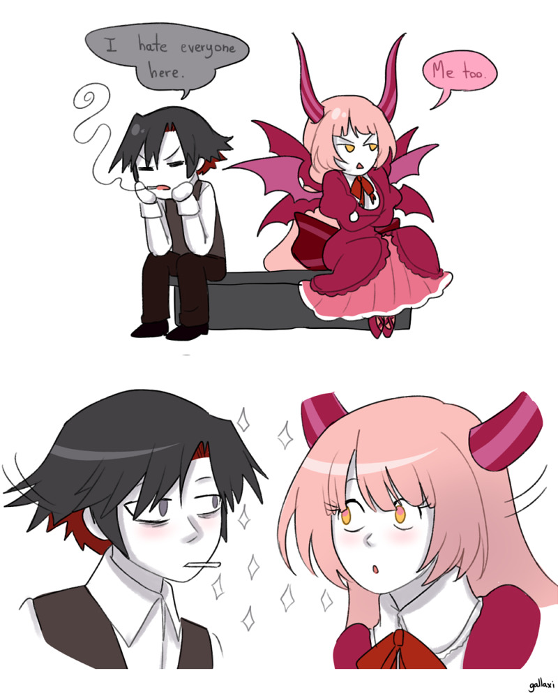 1boy 1girl 2koma :o =_= back_bow black_hair black_shoes blush bow brown_pants cigarette closed_mouth collared_shirt colored_skin comic demon_girl demon_horns demon_wings dress english_text eye_contact frilled_dress frills fumus_(funamusea) funamusea gallaxi grey_eyes grey_vest horns long_hair long_sleeves looking_at_another multicolored_hair open_mouth orange_eyes pants pink_hair puffy_long_sleeves puffy_sleeves purple_bow purple_dress purple_sandals red_hair red_ribbon ribbon rosaliya_phantomrose sandals shirt shoes short_hair signature sitting smoke smoking sparkle speech_bubble triangle_mouth two-tone_hair vest white_shirt white_skin wings