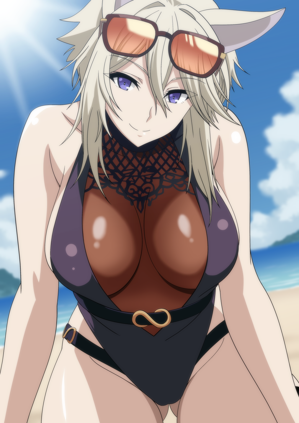 1girl animal_ears bare_shoulders beach black_one-piece_swimsuit blonde_hair breasts cat_ears cat_girl closed_mouth commentary_request day eyewear_on_head hair_between_eyes highres kage_no_jitsuryokusha_ni_naritakute! large_breasts leaning_forward looking_at_viewer makiri_akira ocean one-piece_swimsuit outdoors paid_reward_available purple_eyes short_hair_with_long_locks smile solo swimsuit water zeta_(kage_no_jitsuryokusha_ni_naritakute!)