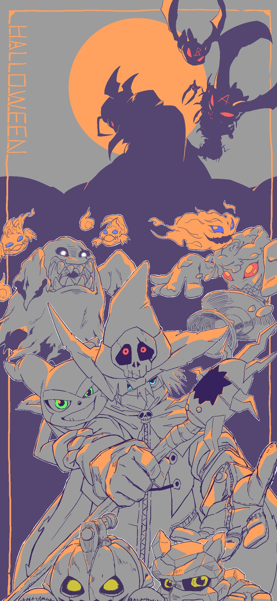 axe bakemon candmon digimon digimon_(creature) golem gottsumon highres impmon looking_at_viewer petimeramon pumpmon rock skull smile vamdemon wizarmon