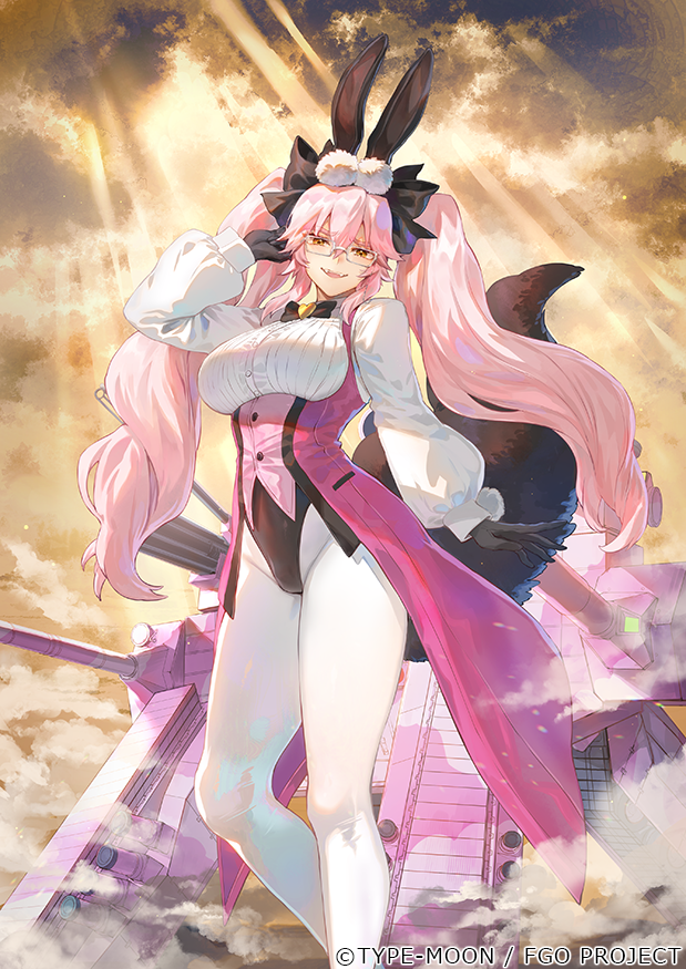 1girl animal_ear_fluff animal_ears black_bow black_gloves blush bow breasts build_divide coattails collared_shirt corset dress_shirt fate/grand_order fate_(series) fox_tail glasses gloves hair_between_eyes hair_bow koyanskaya_(assassin)_(second_ascension)_(fate) koyanskaya_(fate) large_breasts long_hair long_sleeves looking_at_viewer mashutarou_(neko_no_oyashiro) open_mouth pantyhose pink_hair rabbit_ears shirt sidelocks smile solo tail tamamo_(fate) thighs twintails underbust white_pantyhose white_shirt yellow_eyes