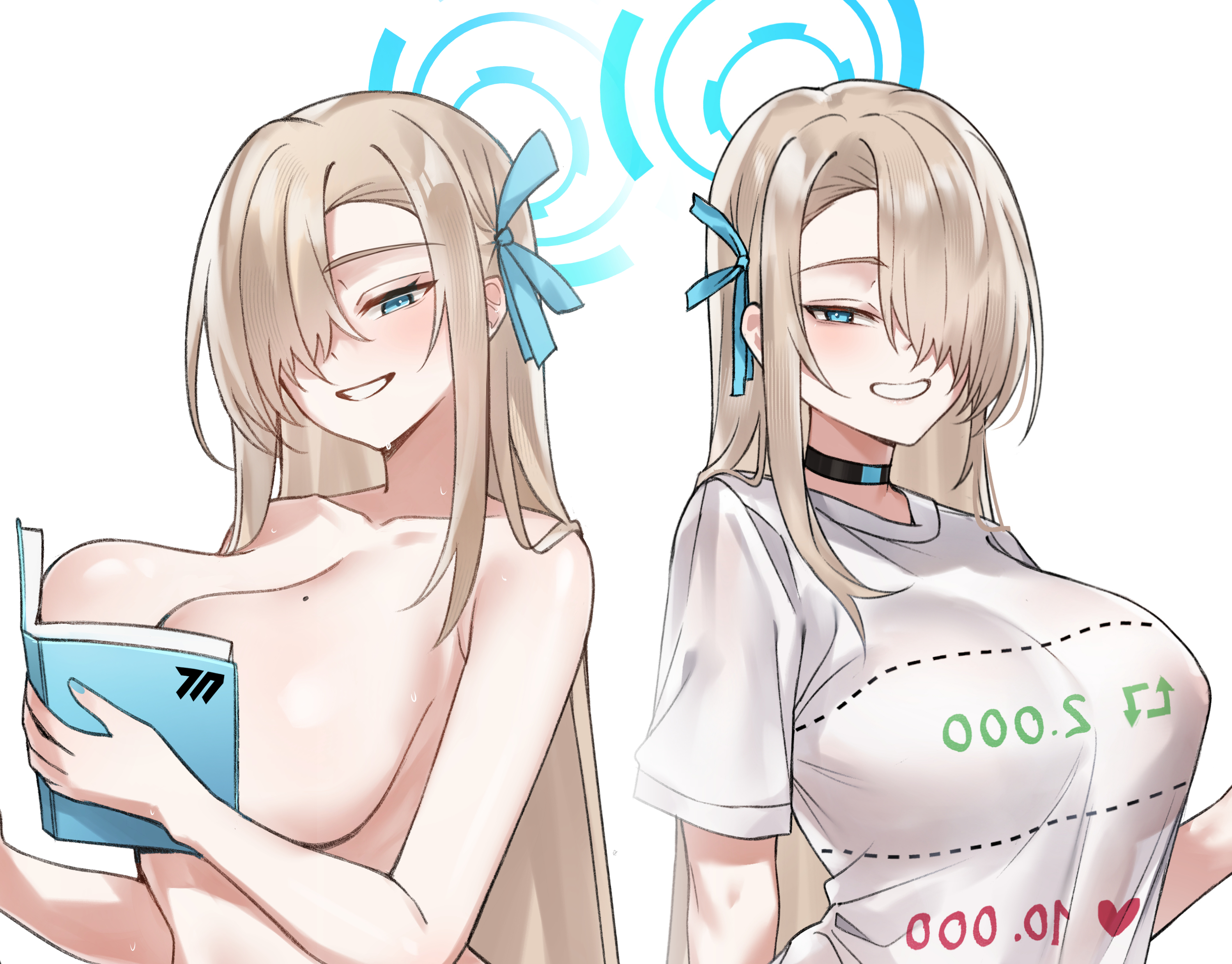 1girl asuna_(blue_archive) black_choker blue_archive blue_eyes blue_halo blue_ribbon blush boobs_in_book_(meme) breasts choker cleavage collarbone commentary_request cut-here_line hair_over_one_eye hair_ribbon halo helandyck highres large_breasts long_hair looking_at_viewer meme mole mole_on_breast multiple_views ribbon shirt short_sleeves simple_background smile topless_female twitter_strip_game very_long_hair white_background white_shirt
