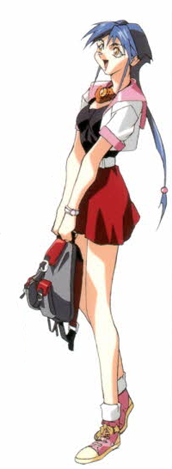 1990s_(style) 1girl bag blue_hair fatal_fury fatal_fury:_the_motion_picture female_focus handbag legs lowres oobari_masami ponytail retro_artstyle school_uniform serafuku shoes skirt smile sneakers snk solo sulia_gaudeamus