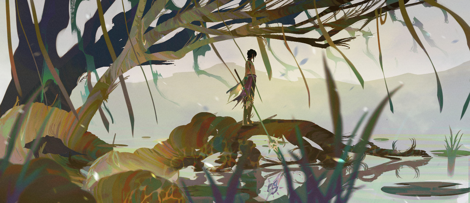 1boy analogous_colors arms_at_sides blurry boots branch cape caustics day depth_of_field facing_ahead genshin_impact grey_sky holding holding_polearm holding_weapon lake lily_pad mangrove mountainous_horizon no_lineart on_branch outdoors pants polearm primordial_jade_winged-spear_(genshin_impact) reeds reflection reflective_water ribbon scenery shirt skirtsan sky sleeveless sleeveless_shirt solo standing standing_on_branch tree water weapon wide_shot wind xiao_(genshin_impact)