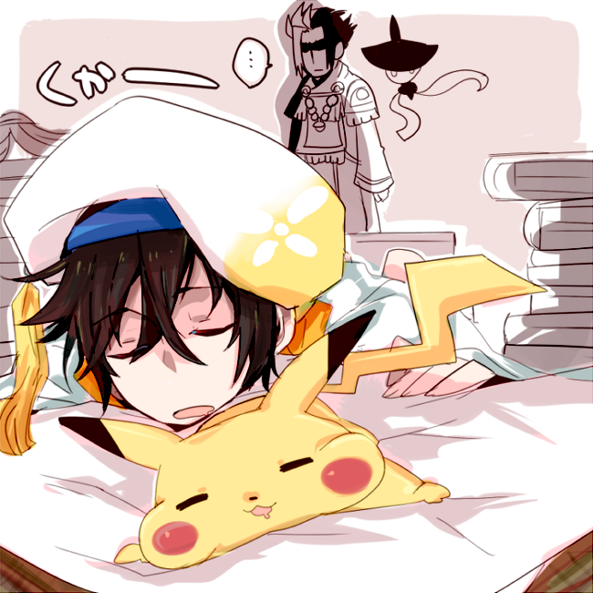 ... beret book brown_hair closed_eyes gen_1_pokemon gen_5_pokemon hair_between_eyes hat japanese_text kuroda_kanbei lampent nintendo open_mouth pikachu pokemon pokemon_conquest puffy_cheeks sengoku_musou sleeping takenaka_hanbei tassel