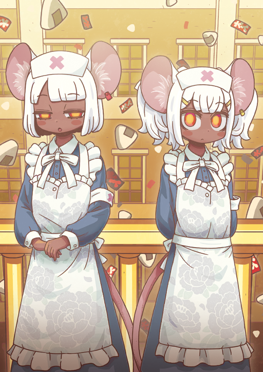 2girls animal_ear_piercing animal_ears apron arms_behind_back blue_dress blunt_bangs blush_stickers bob_cut bow bowtie bright_pupils buttons closed_mouth collared_dress daikokuten_(fate) daikokuten_(third_ascension)_(fate) dark-skinned_female dark_skin dress expressionless fate/grand_order fate_(series) feet_out_of_frame floral_print_apron food frilled_apron frills game_cg glowing glowing_eyes hair_bow hair_ornament hairclip half-closed_eyes long_sleeves looking_at_viewer mouse_ears mouse_girl mouse_tail multiple_girls official_art omikuji onigiri own_hands_together parted_bangs parted_lips print_apron red_eyes ringed_eyes riyo_(lyomsnpmp) short_hair short_twintails sidelocks sleeve_cuffs standing tail third-party_source twintails variant_set very_dark_skin white_apron white_bow white_bowtie white_hair window wing_collar yellow_background yellow_pupils