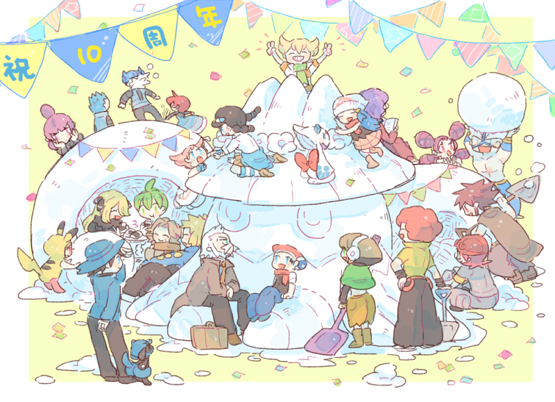 6+boys 6+girls :d ^_^ aaron_(pokemon) afro ahoge anniversary arms_up barefoot barry_(pokemon) beanie beret bertha_(pokemon) black_footwear black_hair black_pants blonde_hair blue_eyes blue_footwear blue_gloves blue_hair blue_headwear boots briefcase brown_cape brown_footwear brown_hair brown_scarf byron_(pokemon) candice_(pokemon) cape capelet capri_pants closed_eyes clothes_around_waist confetti cosplay crasher_wake creatures_(company) cynthia_(pokemon) cyrus_(pokemon) dawn_(pokemon) double_v earmuffs facial_hair fantina_(pokemon) father_and_son flint_(pokemon) food froslass game_freak gardenia_(pokemon) garland_(decoration) gen_1_pokemon gen_3_pokemon gen_4_pokemon gloves green_capelet green_eyes grey_hair hair_over_one_eye hard_hat hat helmet holding holding_shovel igloo in_the_face jacket jacket_around_waist jupiter_(pokemon) katiko long_hair long_sleeves loose_socks lucas_(pokemon) lucian_(pokemon) mars_(pokemon) maylene_(pokemon) miniskirt multicolored_hair multiple_boys multiple_girls mustache nintendo no_nose old old_man old_woman onigiri open_mouth orange_pants pants pikachu pikachu_(cosplay) pink_eyes pink_hair pink_scarf pink_skirt poke_kid_(pokemon) pokemon pokemon_(creature) pokemon_dppt purple_hair red_hair red_headwear red_scarf riley_(pokemon) riolu roark_(pokemon) rowan_(pokemon) saturn_(pokemon) scarf shirt short_hair shovel single_vertical_stripe sitting skirt smile snorunt snow snow_shelter snowball socks standing striped_clothes striped_socks team_galactic two-tone_hair v volkner_(pokemon) white_pants white_shirt yellow_shirt