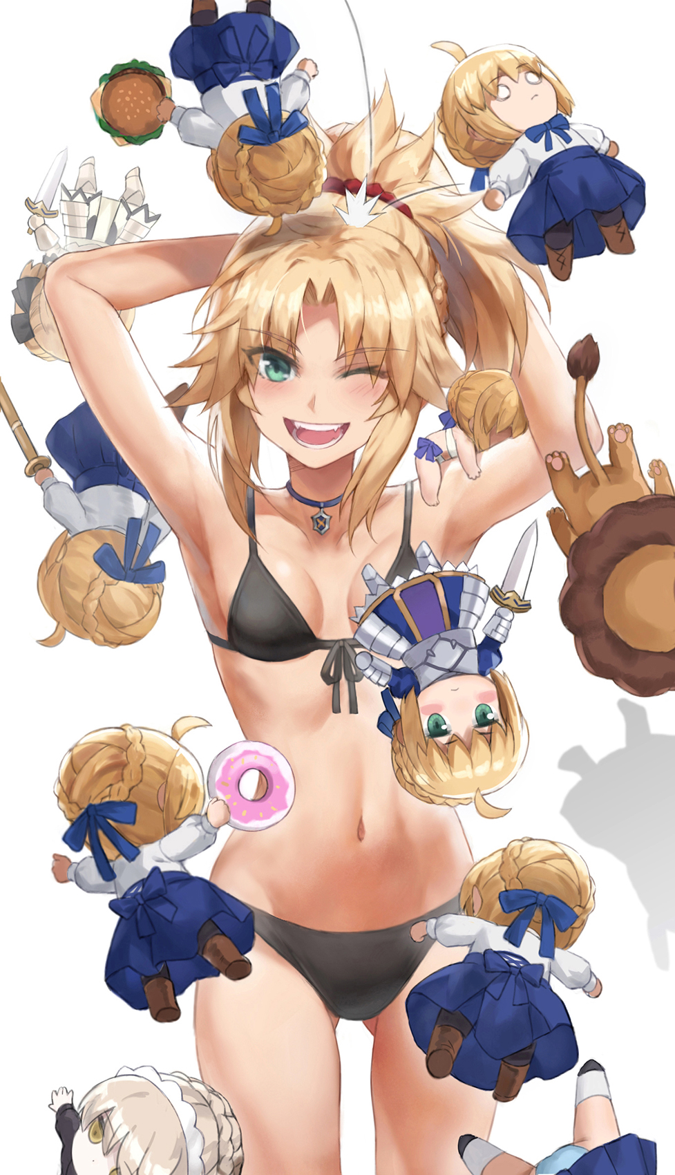 1girl ;d armpits arms_behind_head arms_up artoria_pendragon_alter_(swimsuit_rider)_(fate) artoria_pendragon_(fate) bare_shoulders bikini black_bikini blonde_hair braid braided_bun breasts collarbone commentary_request fate/apocrypha fate/stay_night fate_(series) green_eyes hair_bun half_up_braid highres jewelry long_hair looking_at_viewer maid mordred_(fate) mordred_(fate/apocrypha) necklace one_eye_closed open_mouth parted_bangs ponytail saber_(fate) saber_alter saber_lily saber_lion sidelocks small_breasts smile stuffed_toy swimsuit tonee