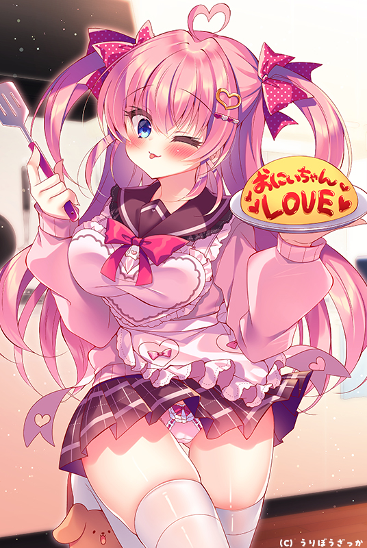 1girl ;p ahoge animal_slippers apron black_sailor_collar black_skirt blue_eyes blush bow bow_panties brown_slippers cardigan commentary_request dog_slippers food frilled_apron frills hair_between_eyes hair_bow hair_ornament heart heart_ahoge heart_hair_ornament holding holding_plate indoors omelet omurice one_eye_closed original panties pink_cardigan pink_hair pink_panties plaid_clothes plaid_skirt plate pleated_skirt polka_dot polka_dot_bow red_bow ribbon-trimmed_panties ribbon_trim sailor_collar skindentation skirt sleeves_past_wrists slippers solo spatula standing standing_on_one_leg suzunone_rena thighhighs tongue tongue_out translation_request two_side_up underwear white_apron white_thighhighs