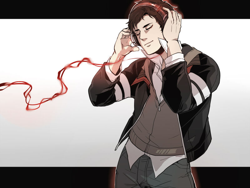 1boy aimf alex_mercer brown_hair dress headphones headset hood hoodie jacket male_focus open_clothes open_jacket pinafore_dress prototype_(game) short_hair sleeveless_dress solo