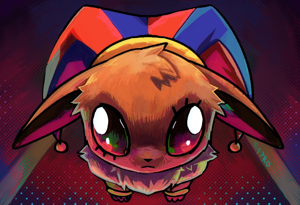 :&lt; animal_ears animal_focus artist_name brown_hair cosplay eevee gen_1_pokemon glitch_productions hat jester_cap nintendo pokemon pokemon_(creature) pomni_(the_amazing_digital_circus) pomni_(the_amazing_digital_circus)_(cosplay) sifyro solo standing the_amazing_digital_circus