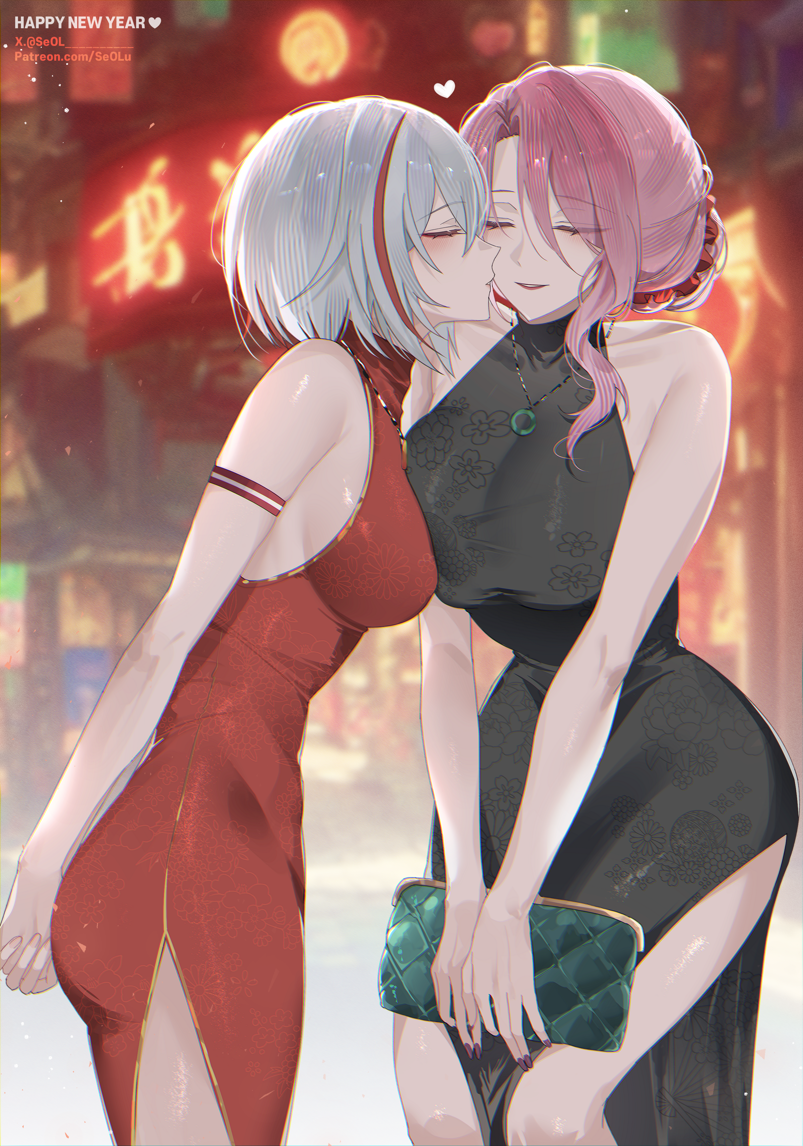 2girls absurdres arm_strap bag bare_arms black_dress blurry blurry_background breast_press breasts closed_eyes clutch_purse commentary covered_collarbone dress hair_bun halterneck handbag happy_new_year highres holding holding_bag honkai:_star_rail honkai_(series) jade_(honkai:_star_rail) jewelry kiss kissing_cheek large_breasts multicolored_hair multiple_girls necklace new_year outdoors parted_lips pink_hair red_dress red_hair seol_(baconontheclock) side_slit smile streaked_hair topaz_(honkai:_star_rail) upper_body white_hair yuri
