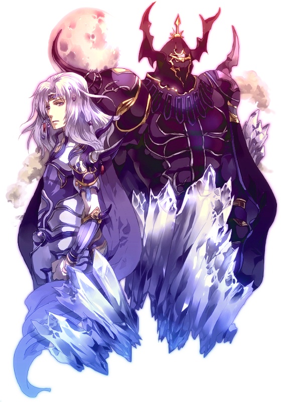2boys armor black_armor blue_eyes cape cecil_harvey earrings final_fantasy final_fantasy_iv gloves golbez helmet jewelry long_hair male_focus multiple_boys weapon white_hair