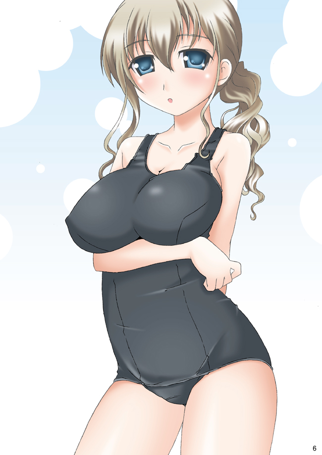 1girl blue_eyes blush breasts large_breasts long_hair maria-sama_ga_miteru one-piece_swimsuit school_swimsuit solo swimsuit thighhighs toudou_shimako upper_body