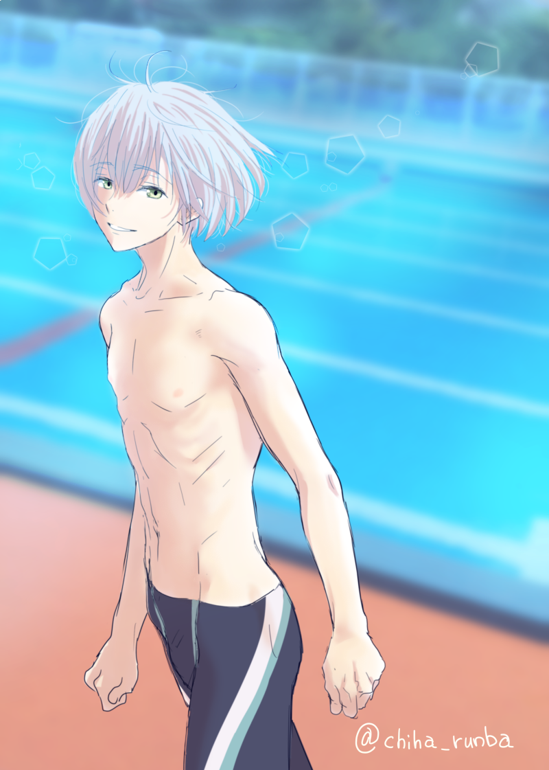 1boy artist_name black_male_swimwear blurry blurry_background chiha_runba from_side green_eyes high_speed! legskin looking_at_viewer looking_to_the_side male_focus male_swimwear pool purple_hair serizawa_nao short_hair smile standing swimsuit topless_male
