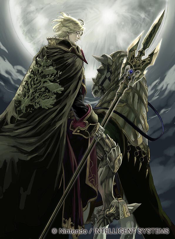1boy armor armored_boots back barding blonde_hair boots camus_(fire_emblem) cape fire_emblem fire_emblem:_mystery_of_the_emblem fire_emblem:_shadow_dragon fire_emblem_cipher gloves horse male_focus moon night night_sky nintendo polearm sky solo spear suzuki_rika weapon