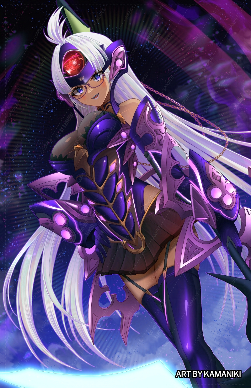 1girl armor artist_name bare_shoulders blue_armor blue_thighhighs breasts cowboy_shot dark-skinned_female dark_skin forehead_jewel glasses highres kamaniki large_breasts long_hair miniskirt pleated_skirt skirt solo t-elos t-elos_re: thighhighs white_hair xenoblade_chronicles_(series) xenoblade_chronicles_2 xenosaga