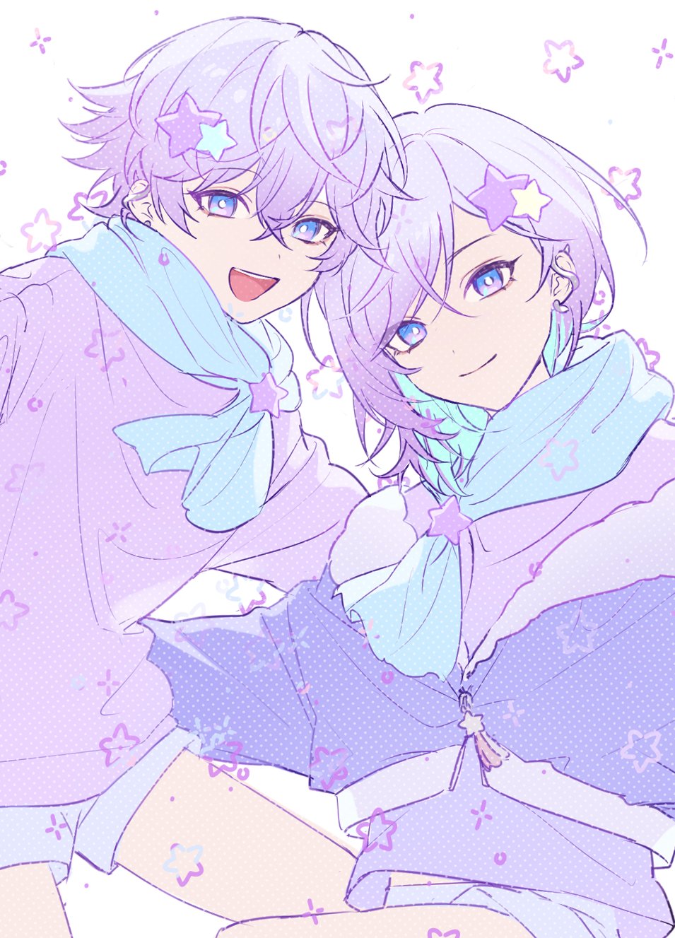2boys aqua_hair brothers closed_mouth cozmez_(paradox_live) grey_background grey_shorts hair_ornament highres jacket long_sleeves looking_at_viewer male_focus multicolored_hair multiple_boys nyamnyam0502 open_mouth paradox_live phantometal_(paradox_live) purple_eyes purple_hair purple_jacket purple_shirt shirt shorts siblings smile star_(symbol) star_hair_ornament teeth twins yatonokami_kanata yatonokami_nayuta