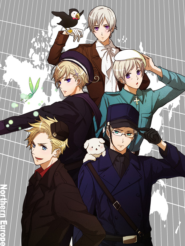 5boys ahoge aqua_eyes axis_powers_hetalia belt beret bird bird_on_hand blonde_hair blue_eyes bow bug butterfly color_connection cross denmark_(hetalia) finland_(hetalia) formal_clothes garrison_cap glasses gloves hair_ornament hairclip hana-tamago hanatamago_(hetalia) hand_on_headwear hat iceland_(hetalia) insect male_focus map military military_uniform multiple_boys necktie nordic norway_(hetalia) puffin purple_eyes sailor sailor_hat sam_browne_belt serious silver_hair suit sumi_tooru sweden_(hetalia) white_gloves