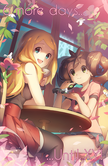 10s 2girls :3 :d black_legwear blonde_hair blue_eyes blush blush_stickers brown_hair countdown cup dark-skinned_female dark_skin english_text flabebe flabebe_(red_flower) flabebe_(white_flower) gen_6_pokemon green_eyes long_hair looking_at_viewer miniskirt multiple_girls nintendo no_headwear open_mouth outline petals pleated_skirt pokemon pokemon_(creature) pokemon_xy quad_tails ribbon serena_(pokemon) shauna_(pokemon) short_shorts shorts sitting skirt sleeveless smile table teacup thighhighs weee_(raemz) zettai_ryouiki