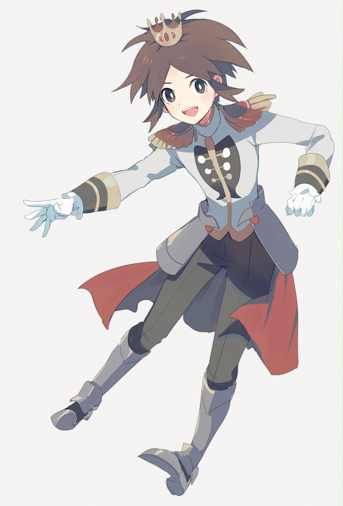 1boy :d boots bright_pupils brown_eyes brown_hair commentary_request crown full_body gloves grey_boots happy jacket long_sleeves looking_at_viewer male_focus mini_crown mxkjxm_(nhss2337) nate_(champion)_(pokemon) nate_(pokemon) nintendo official_alternate_costume open_mouth pants parted_bangs pokemon pokemon_masters_ex simple_background smile solo teeth upper_teeth_only white_background white_gloves white_pupils