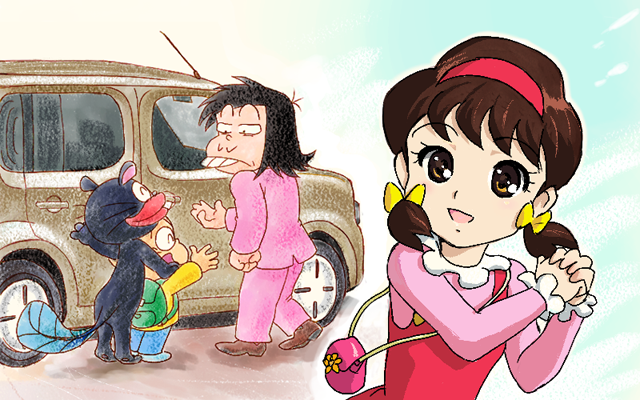 1girl 2boys animal animal_on_head bag bald black_hair brown_hair buck_teeth car chibita formal_clothes hairband handbag henocchi iyami motor_vehicle multiple_boys on_head osomatsu-kun osomatsu_(series) own_hands_together satire short_twintails smile suit teeth twintails yellow_eyes yowai_totoko