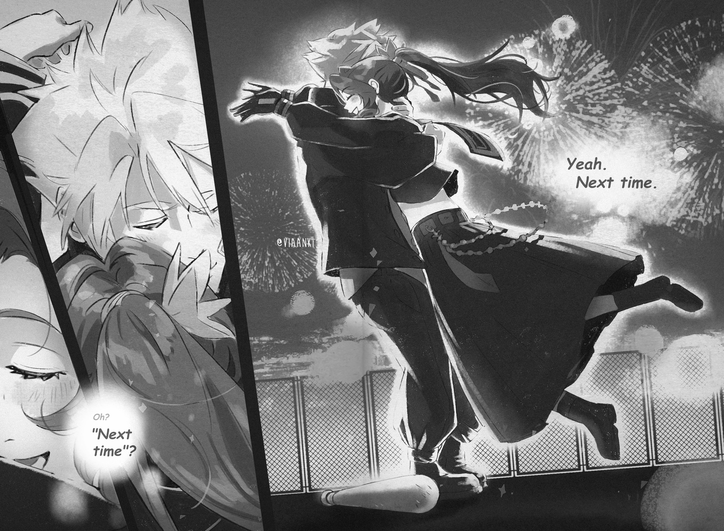 1boy 1girl aerith_gainsborough aerith_gainsborough_(midgard_seventh_high_school) arms_around_neck baggy_pants baseball_bat belly_chain black_boots black_gloves black_jacket black_pants black_sailor_collar black_shoes black_skirt blush boots closed_eyes cloud_strife cloud_strife_(midgard_seventh_high_school) couple crop_top delinquent emi-bianchi english_text final_fantasy final_fantasy_vii final_fantasy_vii_ever_crisis fireworks flower full_body gakuran gloves greyscale hair_between_eyes hair_flower hair_ornament hair_ribbon hetero highres hug jacket jewelry long_hair long_skirt midriff monochrome official_alternate_costume pants parted_bangs ponytail ribbon rooftop sailor_collar school_uniform shirt shoes short_hair sidelocks skirt smile spiked_hair sukeban twintails white_shirt