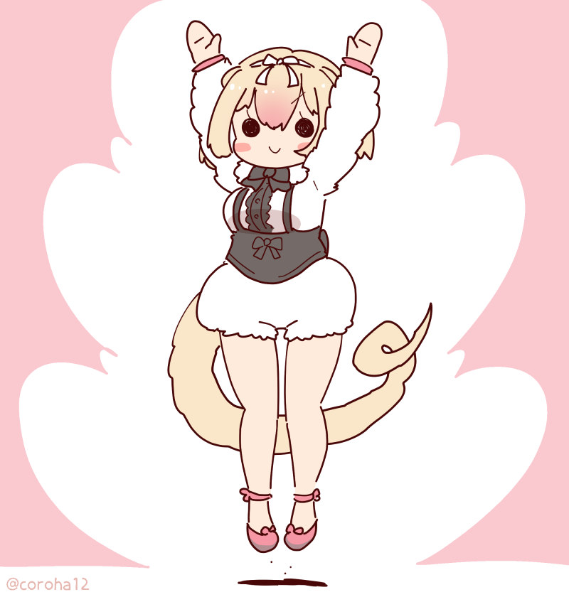 1girl animal_ears anteater_ears anteater_tail arms_up blonde_hair bow bowtie coroha extra_ears full_body gloves jumping kemono_friends looking_at_viewer pantyhose pink_background ribbon shoes short_hair shorts silky_anteater_(kemono_friends) simple_background solo sweater tail