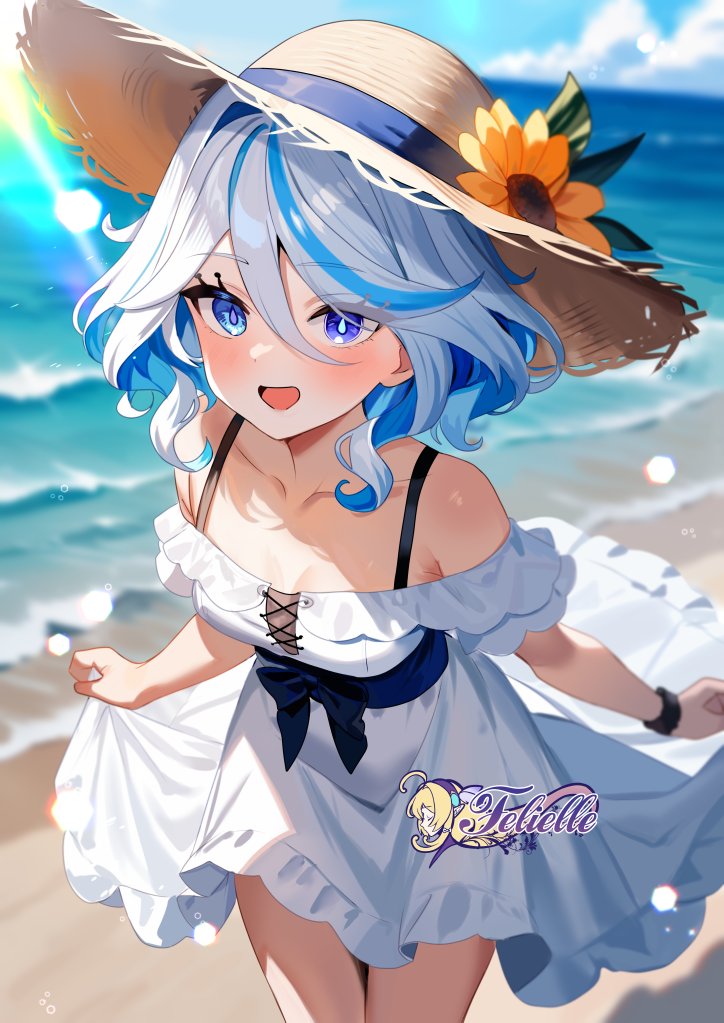 1girl :d alternate_costume artist_name bare_shoulders blue_eyes blue_hair blue_sash blush bra_strap cowboy_shot dress felielle furina_(genshin_impact) genshin_impact hat looking_at_viewer off-shoulder_dress off_shoulder open_mouth sash short_hair smile solo standing sun_hat white_dress