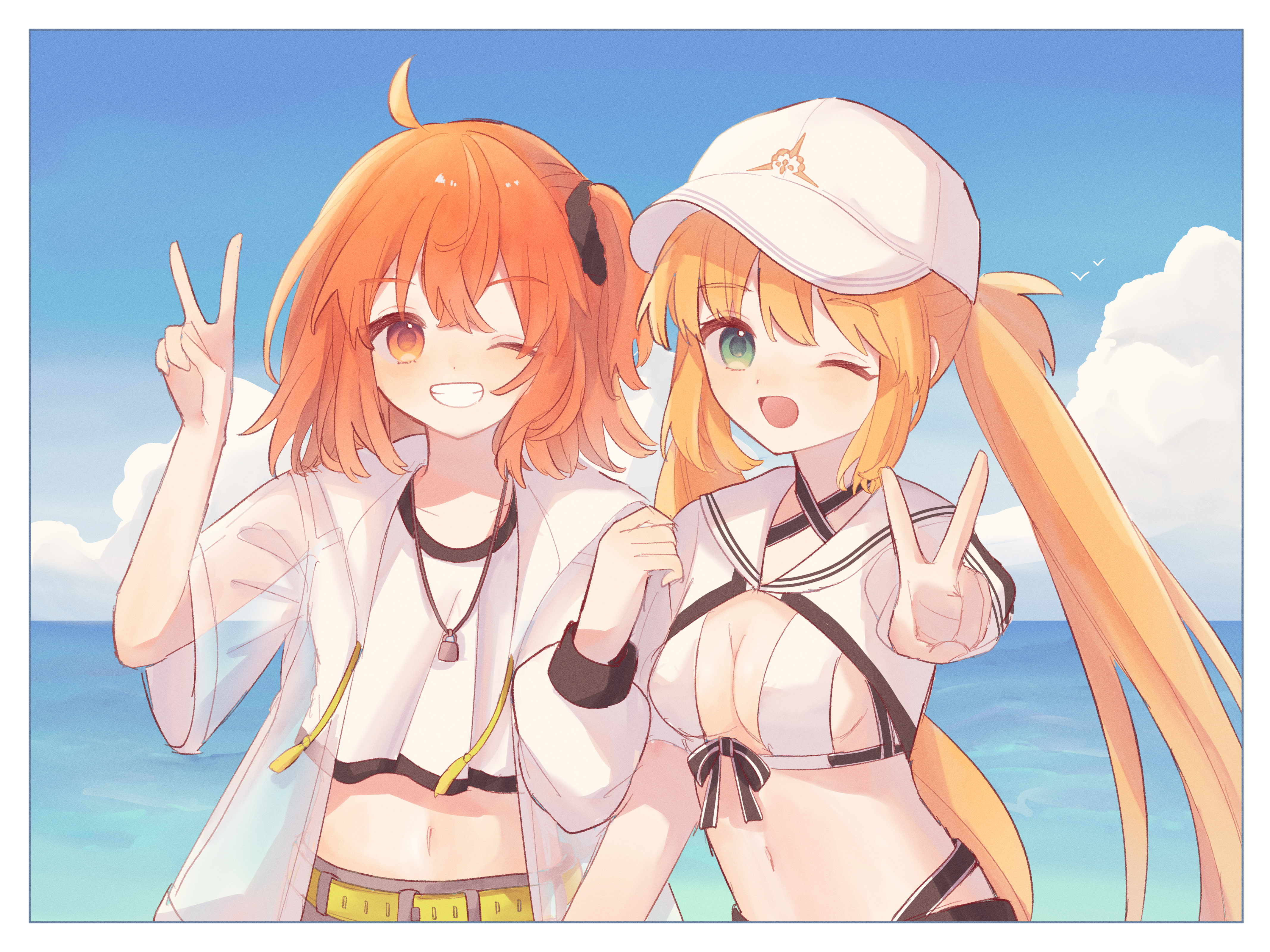 2girls ;d absurdres ahoge artoria_caster_(fate) artoria_caster_(swimsuit)_(fate) artoria_caster_(swimsuit)_(first_ascension)_(fate) artoria_caster_(swimsuit_berserker)_(fate) artoria_caster_(swimsuit_berserker)_(first_ascension)_(fate) artoria_pendragon_(fate) baseball_cap beach belt bikini black_scrunchie blonde_hair blue_sky border cloud cloudy_sky crop_top cropped_jacket day drawstring fate/grand_order fate_(series) fujimaru_ritsuka_(female) fujimaru_ritsuka_(female)_(summer_street) green_belt green_eyes grin hair_ornament hair_scrunchie hat highres jacket jewelry koromo_(osakana0525) locked_arms long_hair long_sleeves looking_at_viewer multiple_girls navel necklace ocean one_eye_closed one_side_up open_clothes open_jacket open_mouth orange_eyes orange_hair sailor_collar scrunchie see-through_clothes see-through_jacket shirt short_sleeves shrug_(clothing) sky smile swimsuit twintails v very_long_hair water white_bikini white_border white_hat white_jacket white_shirt