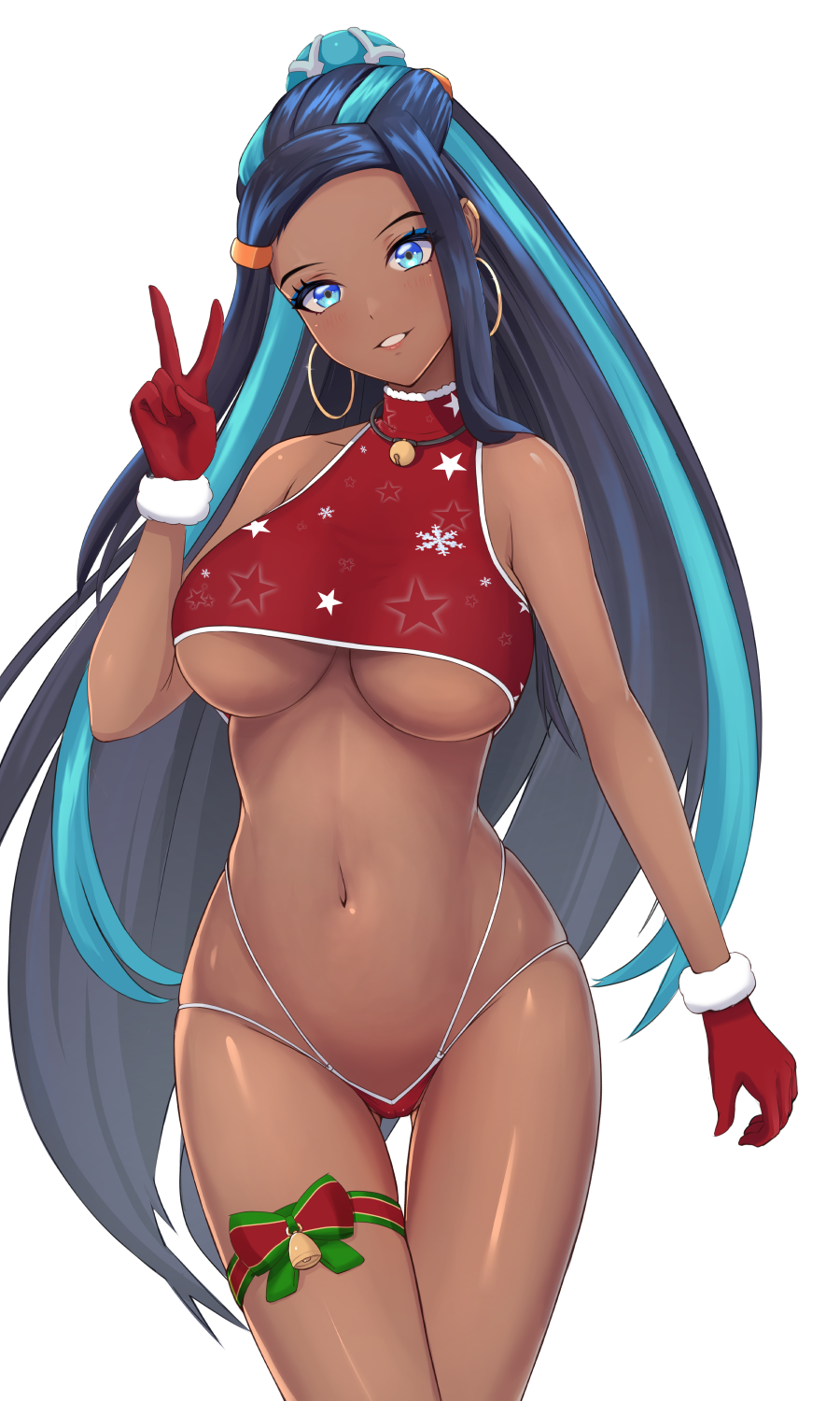 1girl alternate_breast_size bell bikini black_hair blue_eyes blue_hair breasts christmas dark-skinned_female dark_skin earrings eyeliner gloves gluteal_fold grin highres hoop_earrings jewelry jingle_bell large_breasts long_hair makeup multicolored_hair navel nessa_(pokemon) nintendo pokemon pokemon_swsh red_bikini red_gloves santa_bikini santa_costume santa_gloves simple_background skindentation smile solo stomach streaked_hair swimsuit thigh_gap thigh_strap underboob v very_long_hair vik_(xypt7474) white_background