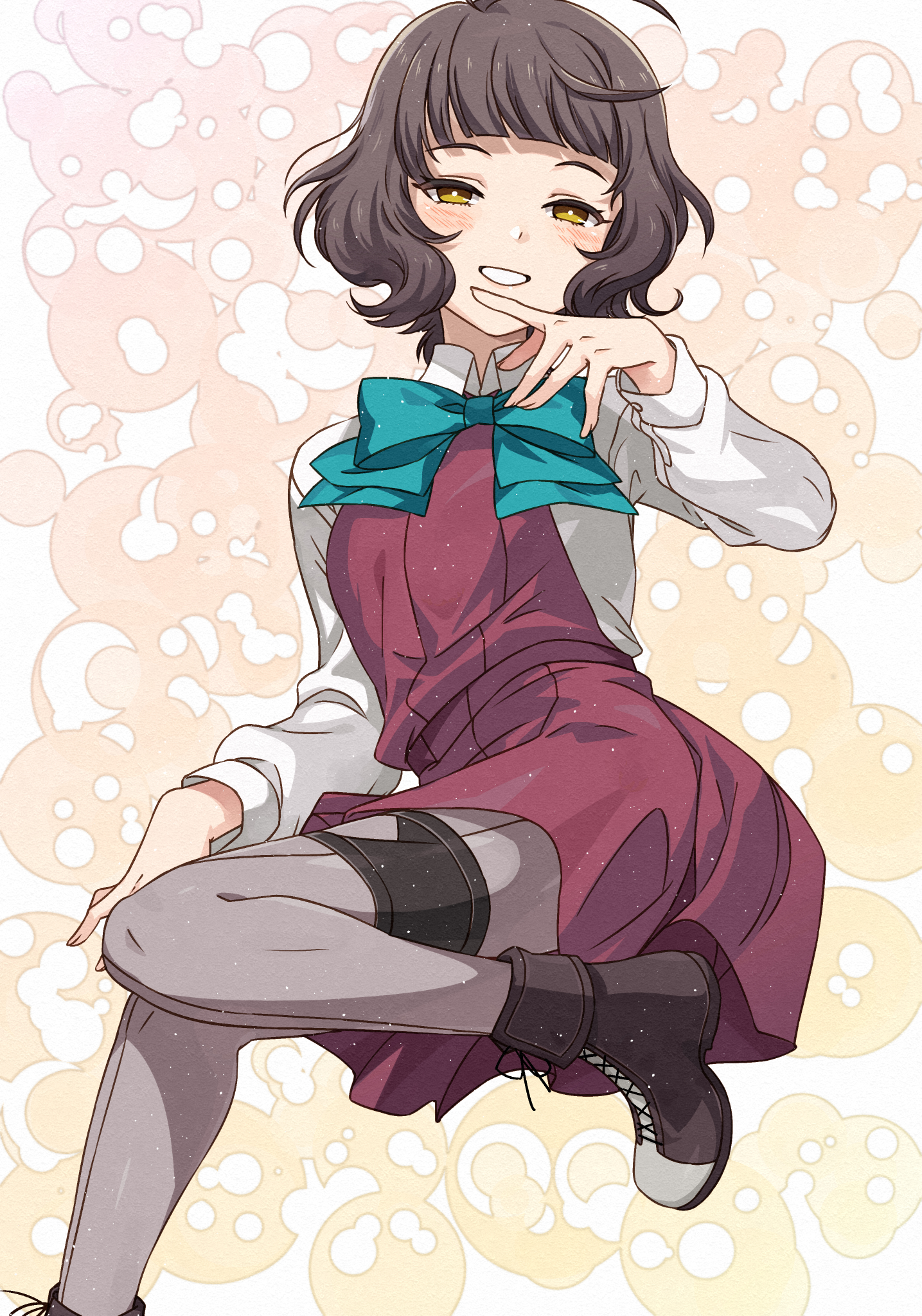 1girl ahoge aqua_bow aqua_bowtie blunt_bangs blush bow bowtie brown_eyes brown_hair clover_background cowboy_shot dress highres kanmiya_shinobu kantai_collection kishinami_(kancolle) long_sleeves looking_at_viewer no_pupils one-hour_drawing_challenge pantyhose pleated_dress purple_dress school_uniform shirt short_hair smile solo wavy_hair white_shirt