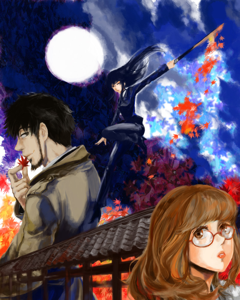 00s 1boy 2girls bad_id bad_pixiv_id beard black_hair brown_hair coat darker_than_black facial_hair faux_traditional_media formal_clothes genma_shizume glasses hazuki_mina_(darker_than_black) leaf leg_up lips lipstick long_hair looking_back makeup maple_leaf moon multiple_girls pant_suit pants profile sawasaki_youko shizume_genma sky speed_painting suit sword tozai weapon