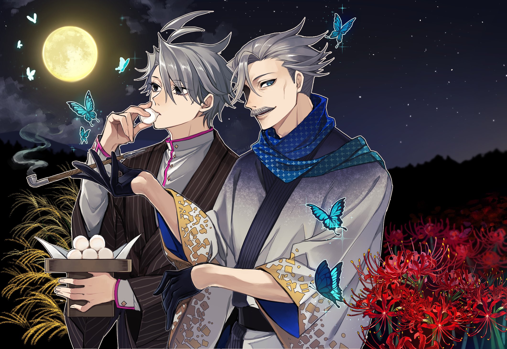 2boys ahoge black_eyes black_gloves black_sash blue_butterfly blue_eyes blue_scarf brown_kimono bug butterfly closed_mouth cloud commentary_request dango eating facial_hair fate/grand_order fate_(series) flower food frontierpax full_moon gloves gradient_clothes gradient_kimono grey_hair grey_kimono hair_between_eyes hand_up highres holding holding_food holding_smoking_pipe insect jacket james_moriarty_(archer)_(fate) james_moriarty_(ruler)_(fate) japanese_clothes kimono kiseru lightning_ahoge long_sleeves looking_at_viewer lower_teeth_only male_focus moon mountainous_horizon multiple_boys mustache night night_sky obi open_mouth outdoors red_flower sanbou sash scarf short_hair sky smile smoking_pipe sparkle spider_lily star_(sky) starry_sky striped_clothes striped_kimono susuki_grass teeth tsukimi tsukimi_dango upper_body vertical-striped_clothes vertical-striped_kimono wagashi white_jacket white_kimono wide_sleeves