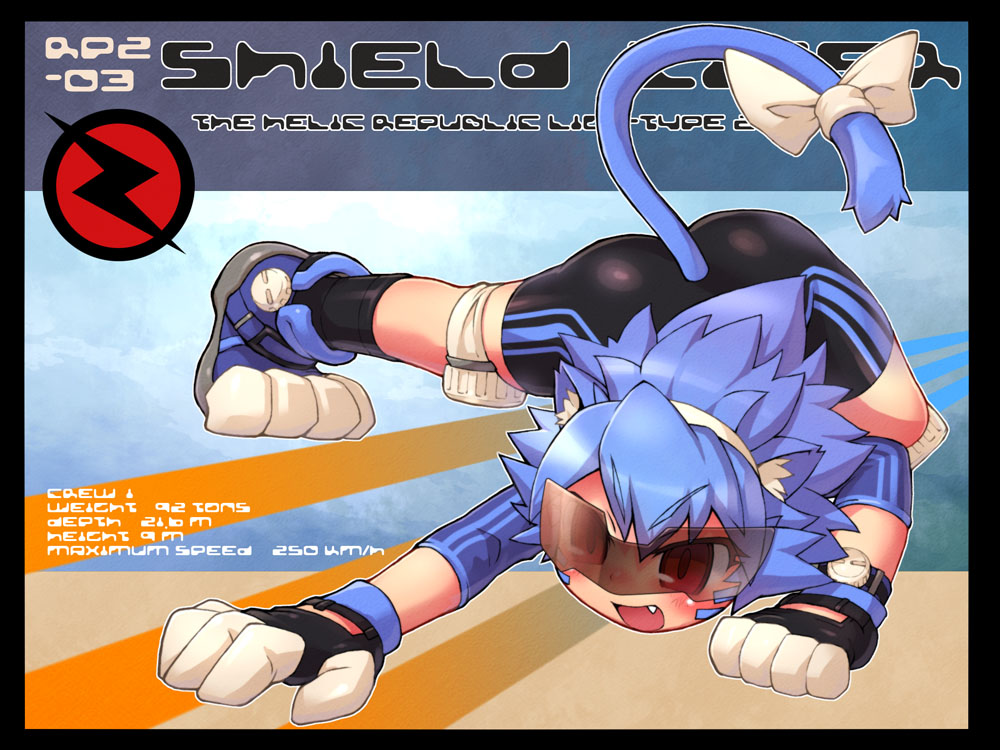 1girl animal_ears bike_shorts black_legwear blue_hair blush boots cat_ears cat_tail fang female_focus gloves knee_pads personification red_eyes sankuma shield_liger short_hair solo tail zoids