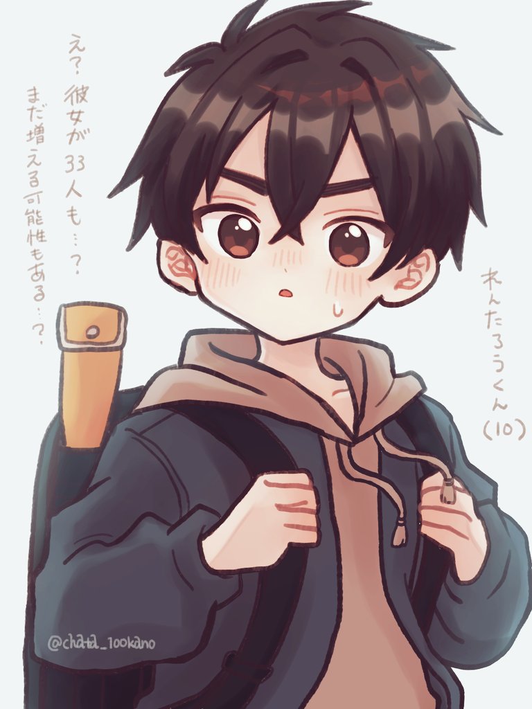1boy aged_down aijou_rentarou artist_name backpack bag black_jacket brown_eyes brown_hair character_age chata_(chata_100kano) child commentary_request crossed_bangs drawstring hair_between_eyes holding_strap hood hood_down jacket kimi_no_koto_ga_dai_dai_dai_dai_daisuki_na_100-nin_no_kanojo light_blush looking_at_viewer male_focus open_mouth recorder_case simple_background solo sweatdrop translated twitter_username