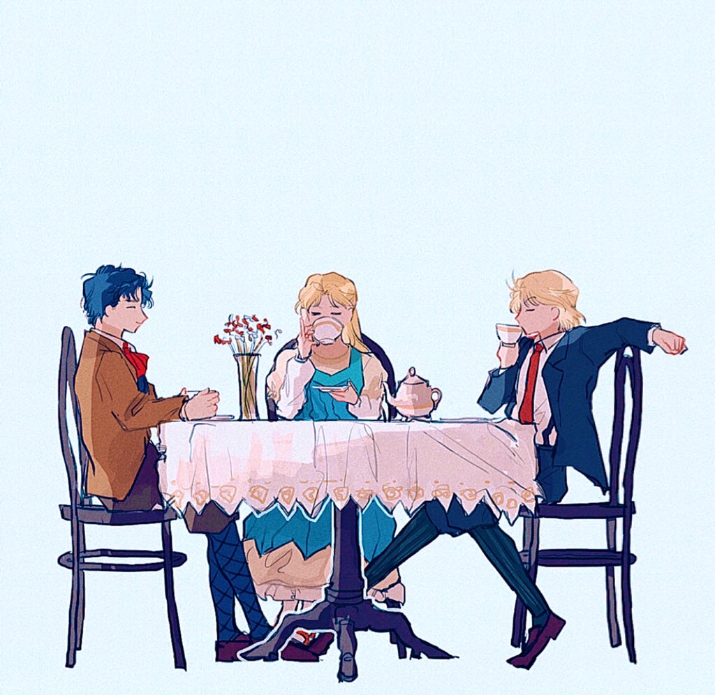 1girl 2boys blonde_hair blue_background blue_dress blue_hair blue_shorts blue_socks bow bowtie brown_footwear brown_jacket brown_shorts chair closed_eyes collared_shirt cup dio_brando dress drinking erina_pendleton flower fuha_(azukiba_9) full_body green_socks holding holding_saucer jacket jojo_no_kimyou_na_bouken jonathan_joestar loafers long_dress long_hair long_sleeves multiple_boys necktie open_clothes open_jacket phantom_blood red_bow red_flower red_necktie saucer shirt shoes short_hair shorts simple_background sitting smile socks table tablecloth tea_party teacup teapot vase white_shirt white_socks wing_collar