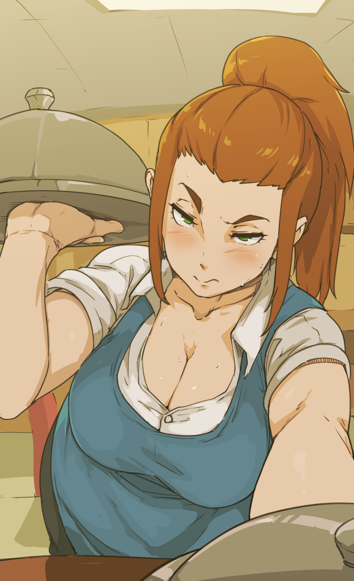1girl apron blue_apron blush breasts brown_hair cleavage closed_mouth commentary diner_dash english_commentary flo_(diner_dash) green_eyes high_ponytail holding holding_tray indoors large_breasts looking_at_viewer ponytail short_sleeves solo table tray tyrone upper_body waitress