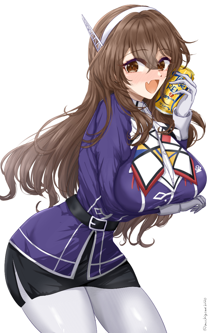 1girl ashigara_(kancolle) ashigara_kai_ni_(kancolle) blush breasts brown_eyes brown_hair can chamumi_(mochiumee) cowboy_shot fang gloves hairband highres jacket kantai_collection large_breasts long_hair looking_at_viewer military military_uniform multicolored_neckerchief neckerchief open_mouth pantyhose pencil_skirt print_neckerchief purple_jacket skin_fang skirt smile solo wavy_hair white_gloves white_hairband white_pantyhose
