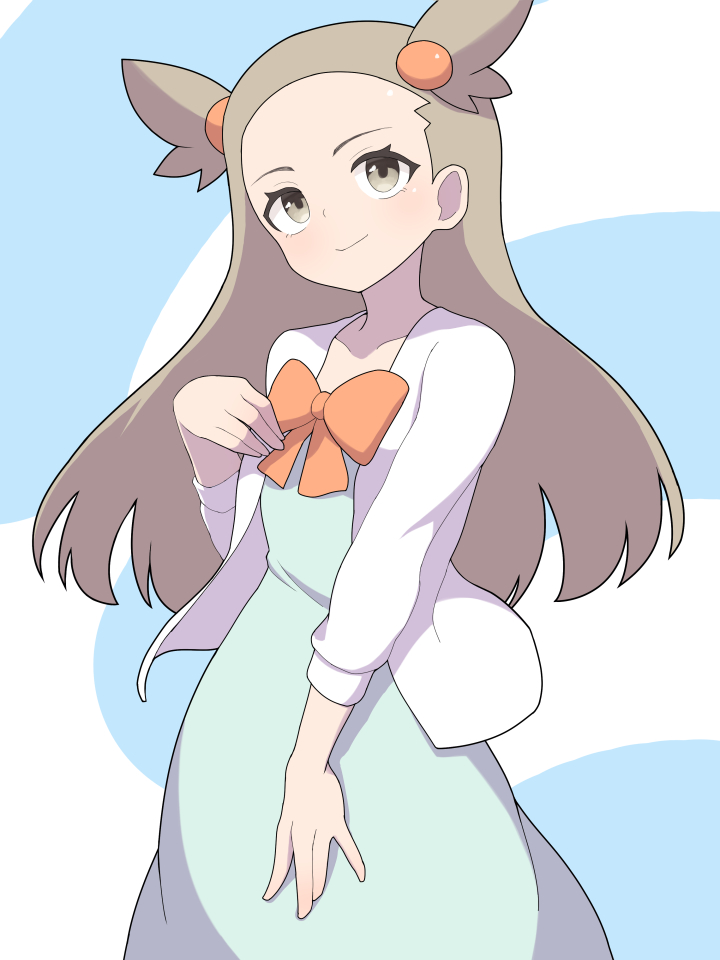 1girl bow bowtie brown_eyes brown_hair closed_mouth commentary_request creatures_(company) dress eyelashes game_freak green_dress hand_up hiyoshipow jacket jasmine_(pokemon) long_hair looking_up nintendo open_clothes open_jacket orange_bow orange_bowtie pokemon pokemon_hgss smile solo two_side_up white_jacket