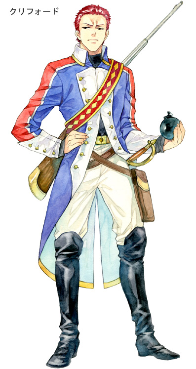 1boy agahari belt bomb clifford_(lost_technology) coat crossdraw_holster explosive frown full_body furrowed_brow hand_on_own_hip holding holding_bomb holster legs_apart long_sleeves looking_away lost_technology male_focus non-web_source pants red_hair short_hair sideways_glance simple_background solo standing sword weapon weapon_on_back white_background white_pants