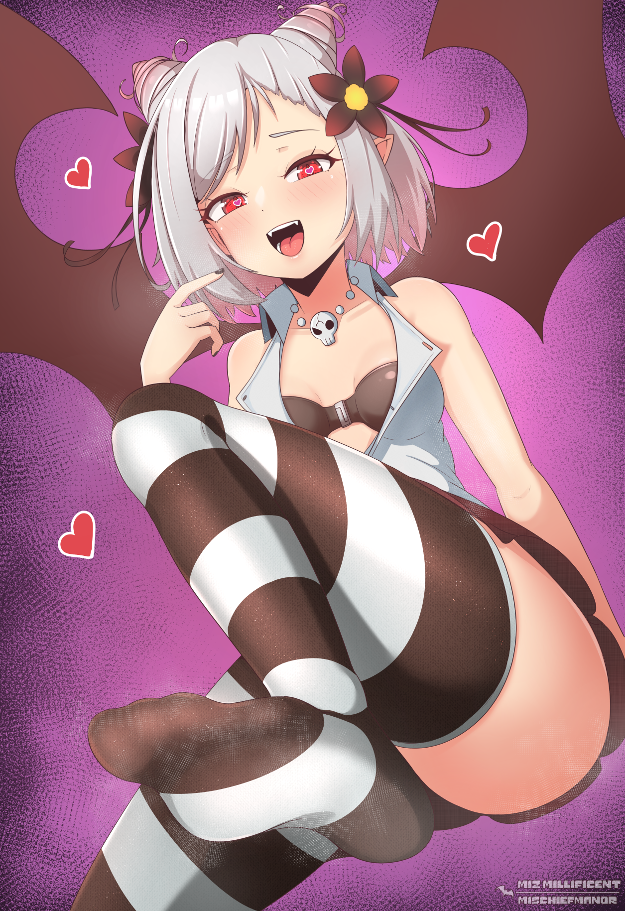 1girl ass bare_shoulders bat_wings black_flower black_nails black_skirt bra breasts collarbone collared_shirt double_bun fang fangs feet flower flower_on_head hair_bun heart heart-shaped_pupils highres jewelry looking_at_viewer low_angle mischiefmiz monster_girl necklace open_clothes open_mouth open_shirt original patreon_username pointing pointing_at_self pointy_ears red_eyes shirt short_hair simple_background sitting skirt skull skull_necklace sleeveless small_breasts smile solo steam strapless strapless_bra striped_clothes striped_thighhighs symbol-shaped_pupils teeth thighhighs thighs tongue twitter_username underwear vampire white_hair white_shirt wings