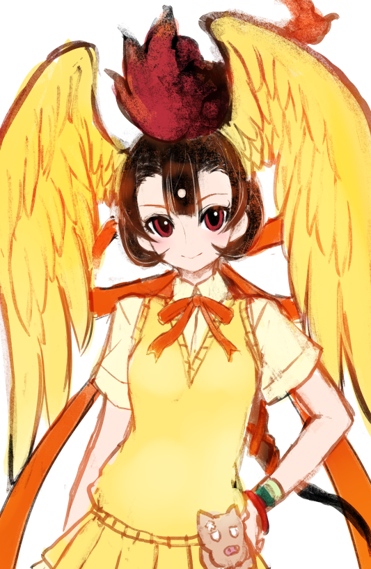 1girl bird_girl bird_wings black_hair bow bowtie feathered_wings head_wings hi_no_tori_(kemono_friends) ise_(0425) kemono_friends long_hair looking_at_viewer multicolored_hair pleated_skirt red_eyes red_hair ribbon shirt simple_background skirt smile solo sweater_vest two-tone_hair wings wristband yellow_skirt yellow_sweater_vest yellow_wings