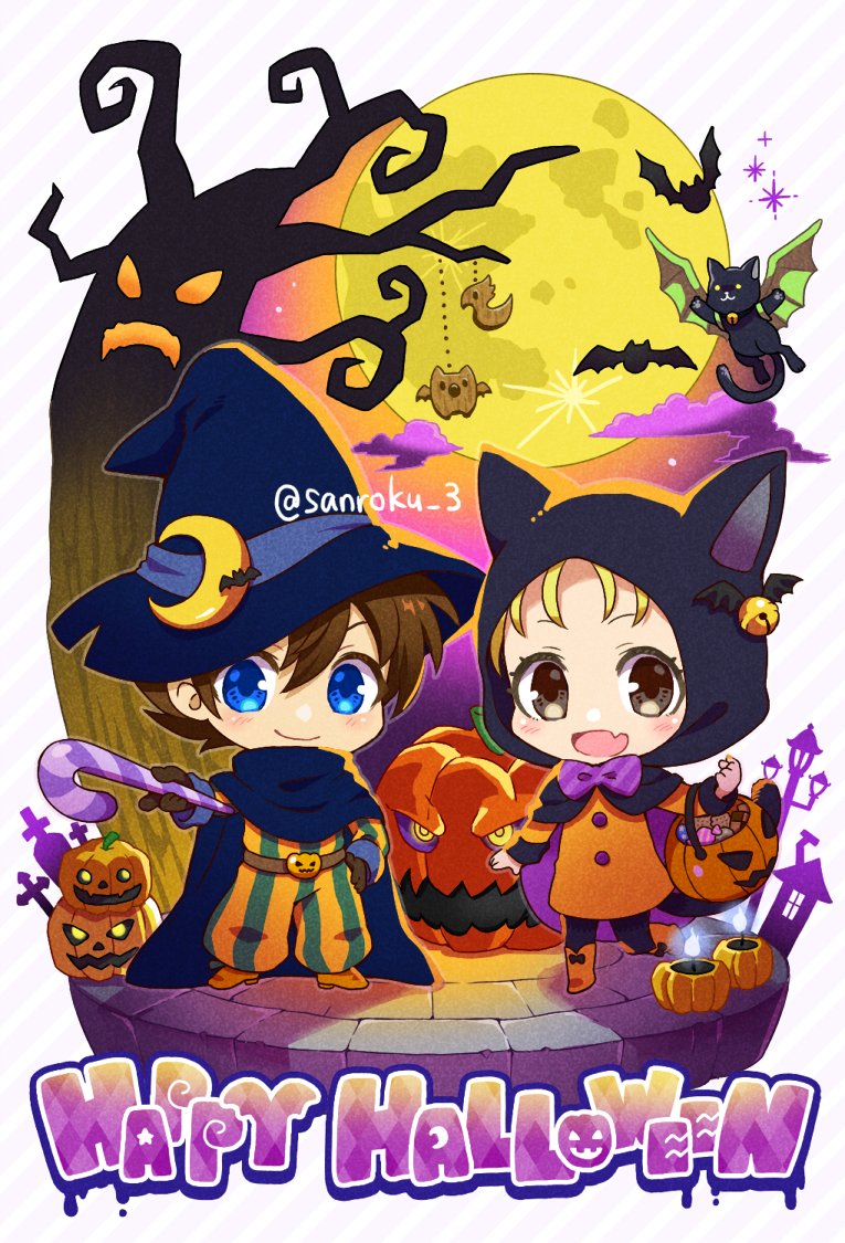1boy 1girl animal_hood bartz_klauser bat_(animal) blonde_hair blue_eyes blush_stickers brown_hair candy cat cat_hood chocobo closed_mouth dress final_fantasy final_fantasy_v food full_body gloves halloween halloween_bucket halloween_costume happy_halloween hat hood jack-o&#039;-lantern krile_mayer_baldesion_(ff5) looking_at_viewer moon open_mouth pumpkin sanroku_3 short_hair smile striped tree witch witch_hat