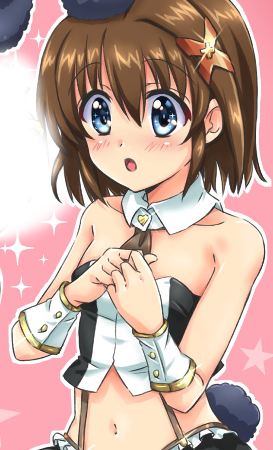 1girl animal_ears blue_eyes blush breasts brown_hair collarbone fake_animal_ears fake_tail hair_ornament lyrical_nanoha lyrical_store mahou_shoujo_lyrical_nanoha mahou_shoujo_lyrical_nanoha_a&#039;s midriff navel open_mouth rabbit_ears rabbit_tail san-pon short_hair small_breasts solo tail upper_body x_hair_ornament yagami_hayate