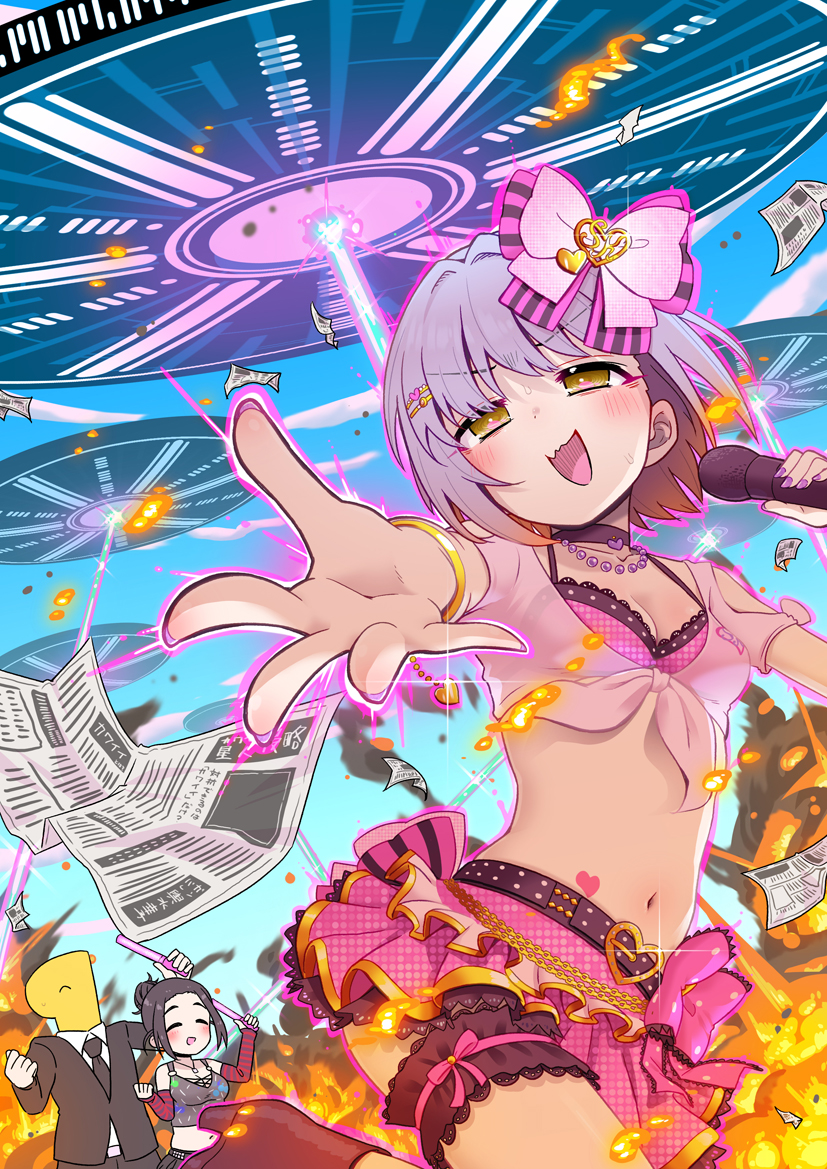 1boy 2girls :d bikini black_choker black_footwear black_hair black_jacket black_necktie blue_sky boots breasts character_request choker cleavage cloud collarbone collared_shirt commentary_request cowboy_shot cropped_shirt day detached_sleeves ebihara_naho explosion explosion_background glowstick grey_shirt hair_bun hair_intakes hair_ornament heart heart_choker heart_hair_ornament high_heel_boots high_heels higurashi_aki holding holding_glowstick holding_microphone idolmaster idolmaster_cinderella_girls jacket jewelry koshimizu_sachiko laser leg_up looking_at_viewer medium_breasts microphone midriff multiple_girls navel necklace necktie open_hand open_mouth outstretched_arm p-head_producer paid_reward_available penlight_(glowstick) pink_bikini producer_(idolmaster) purple_hair reaching reaching_towards_viewer red_sleeves shirt short_hair sidelocks single_hair_bun sky sleeves_past_wrists smile stomach suit_jacket swimsuit ufo v-shaped_eyebrows white_shirt yellow_eyes