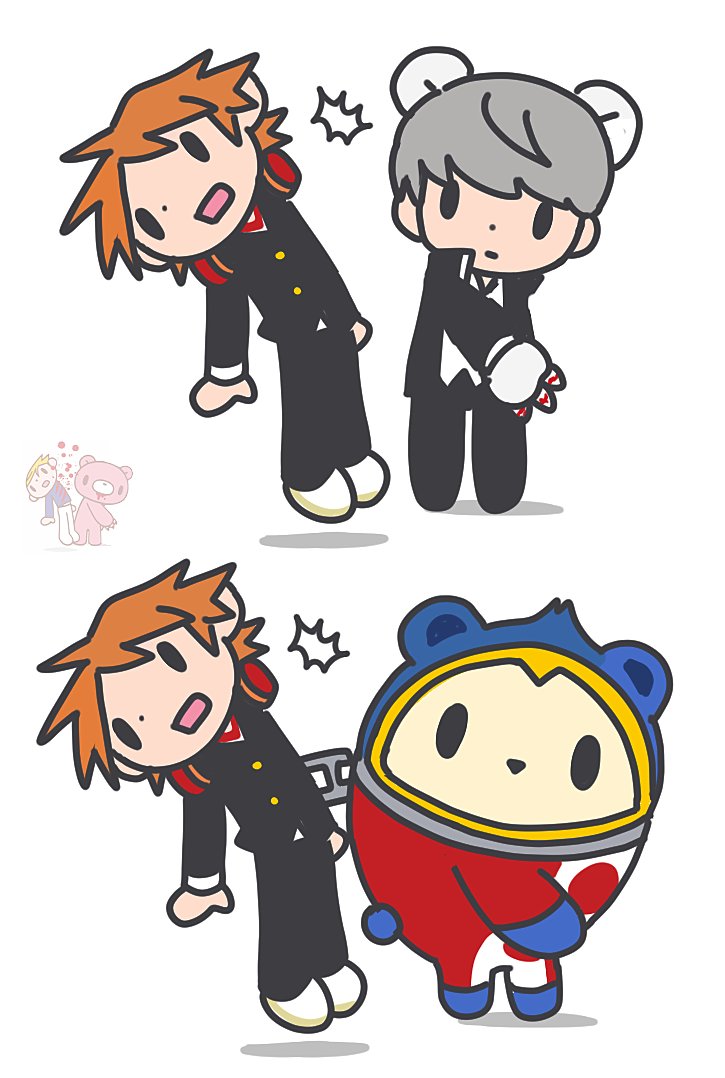 3boys animal_ears animal_hands bear_ears brown_hair cosplay fake_animal_ears gloomy_bear gloomy_bear_(cosplay) hanamura_yousuke headphones headphones_around_neck itazuraguma_no_gloomy kuma_(persona_4) multiple_boys narukami_yu nt_26 parody persona persona_4 school_uniform slapping yasogami_school_uniform