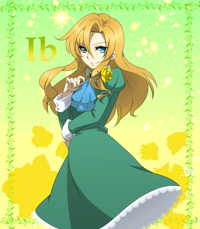 1girl anime_coloring ascot asymmetrical_bangs blonde_hair blue_ascot blue_eyes buttons capelet closed_mouth collared_dress commentary_request copyright_name cowboy_shot dress eyelashes floral_background flower gradient_background green_background green_dress hair_between_eyes hand_on_own_hip happy holding holding_flower ib_(kouri) juliet_sleeves kurimilove lace-trimmed_capelet lace_trim light_particles long_hair long_sleeves looking_at_viewer mary_(ib) medium_dress outside_border parted_bangs picture_frame puffy_sleeves rose sidelocks smile solo sparkle standing tsurime wavy_hair white_sleeve_cuffs yellow_background yellow_flower yellow_rose