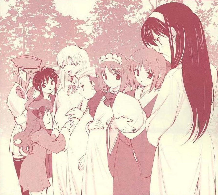 00s 6+girls :d ^_^ arima_miyako baby bow bowtie breasts closed_eyes dress hat hisui_(tsukihime) jpeg_artifacts kagetsu_tooya kohaku_(tsukihime) long_hair maid maid_headdress melty_blood miniskirt misawa_hanei monochrome multiple_girls naruse_hirofumi open_mouth outdoors pleated_skirt pregnant red_theme seo_akira siblings sion_eltnam_(type-moon) sion_eltnam_atlasia sisters skirt small_breasts smile thighhighs tohno_akiha tree tsukihime tsukihime_souka twins wide_sleeves widow&#039;s_peak zettai_ryouiki